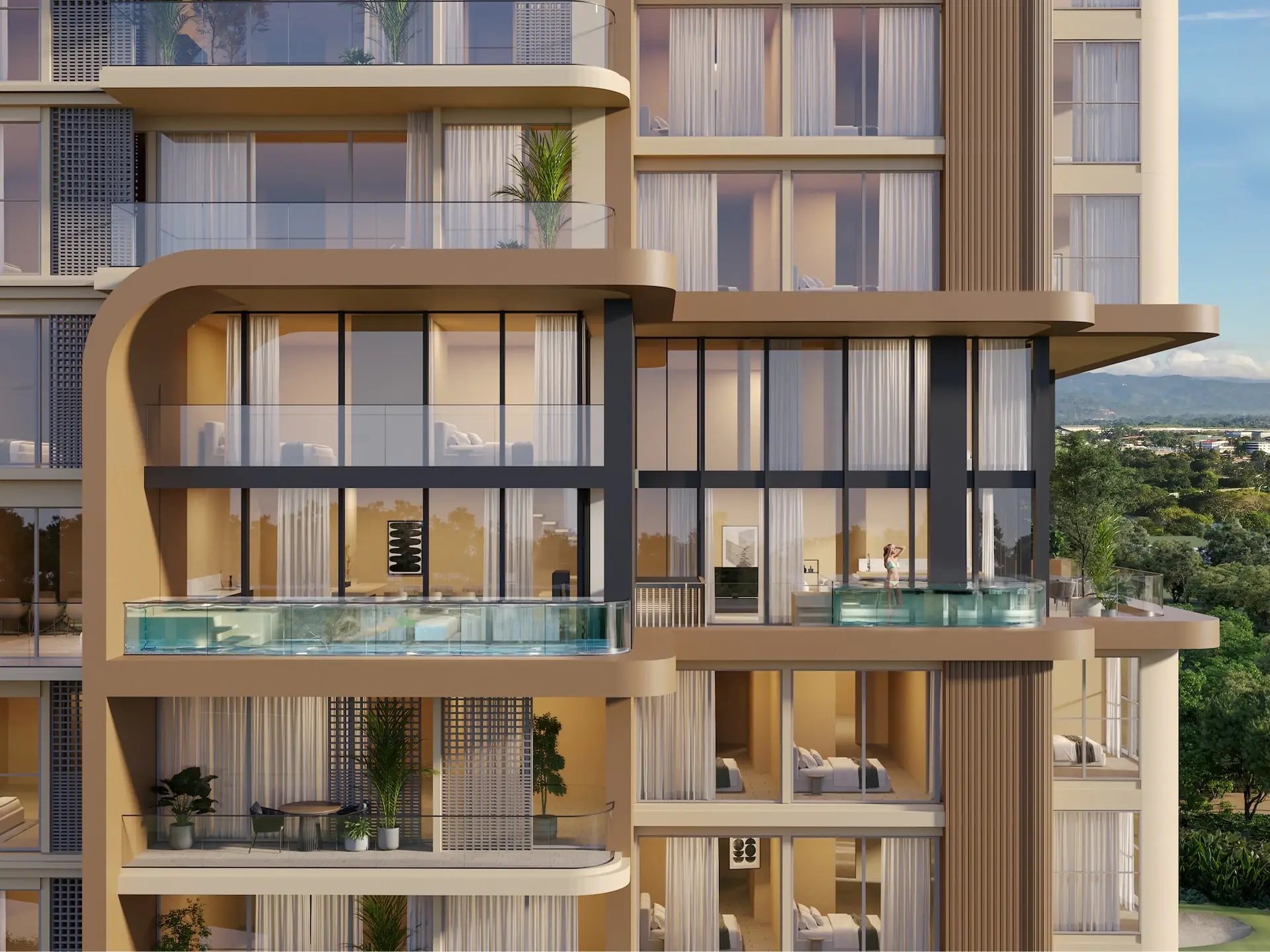 render de bosco di santa maria donde resaltan los balcones y piscinas de los apartamentos 